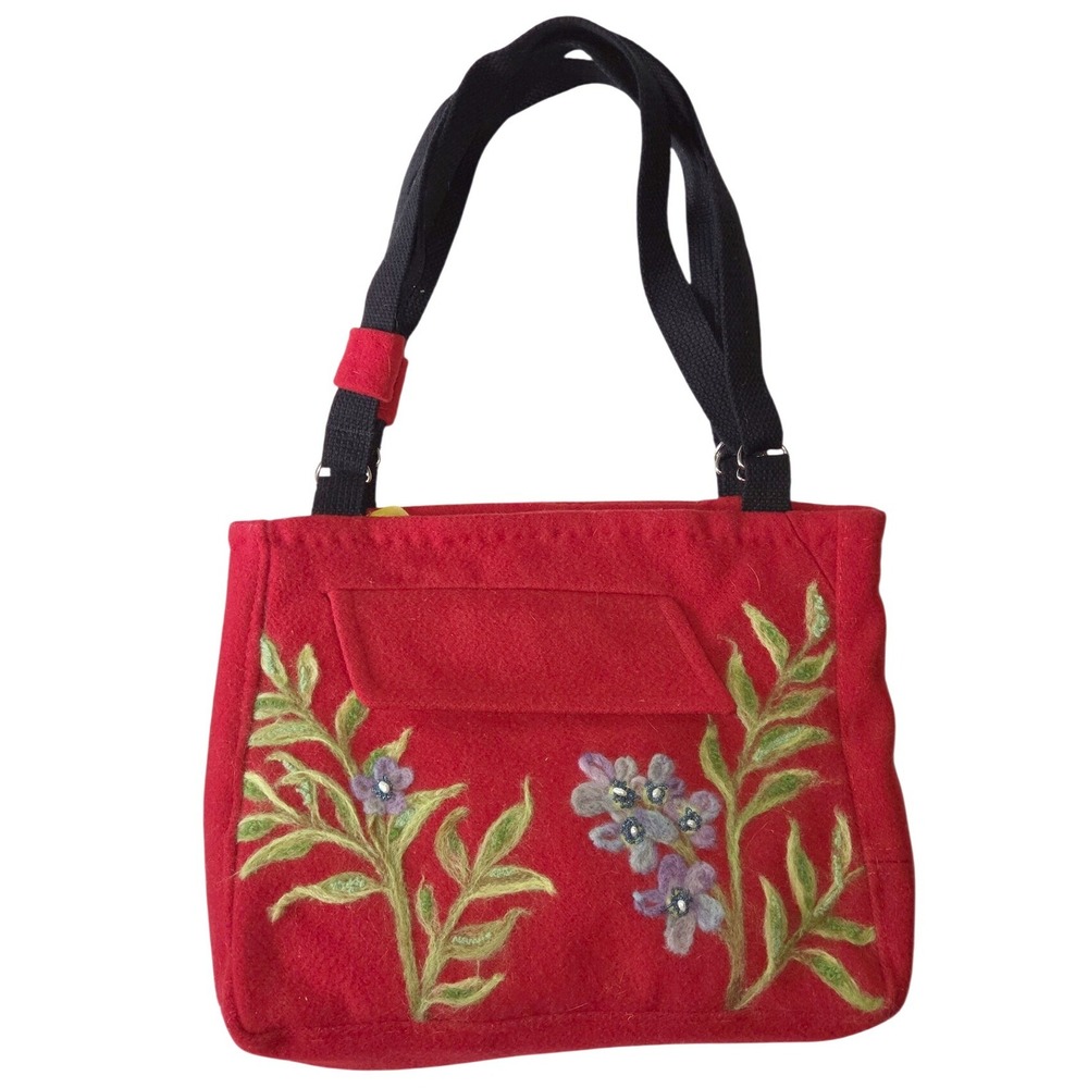 Handmade Felted Wool Bag Women Medium Red NWOT Needle Felted Floral Artisan